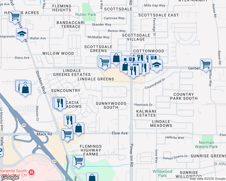 map of restaurants, bars, coffee shops, grocery stores, and more near 7650 Velaga Court in Sacramento
