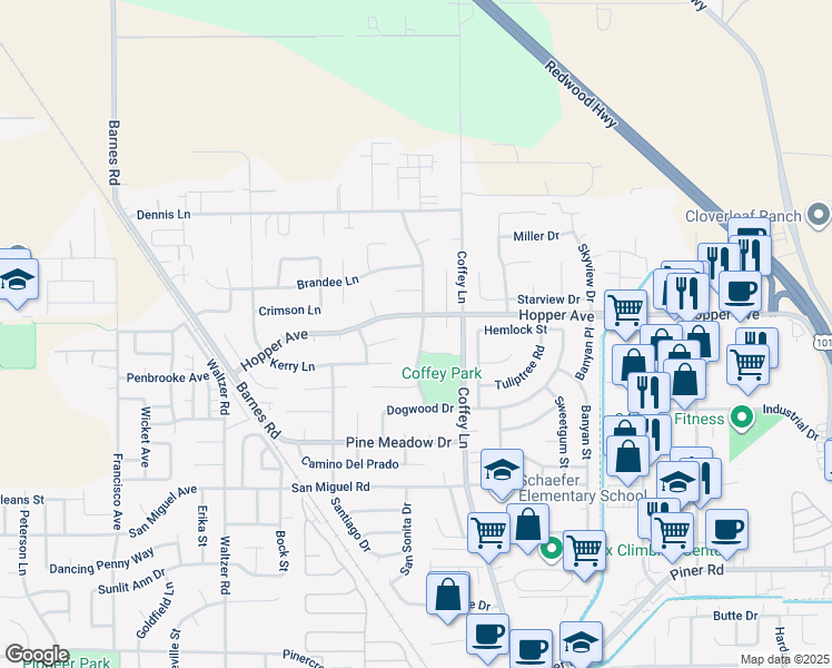 map of restaurants, bars, coffee shops, grocery stores, and more near 3687 Mocha Lane in Santa Rosa