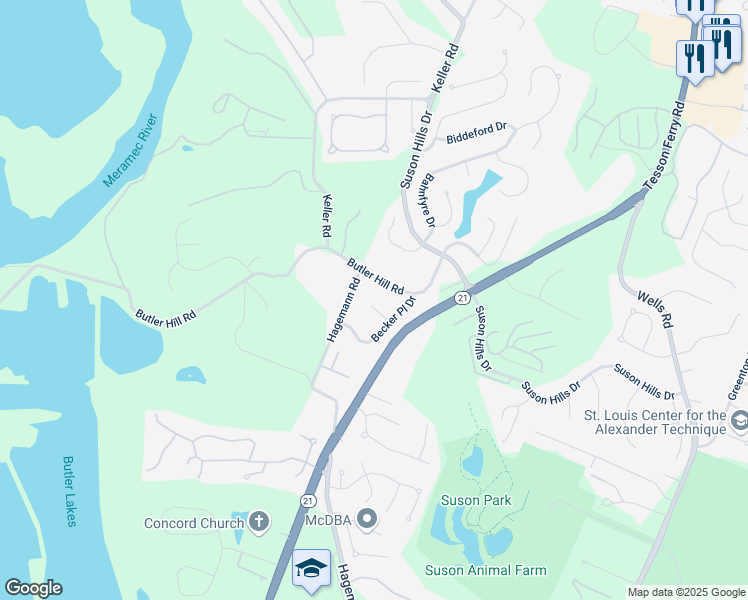 map of restaurants, bars, coffee shops, grocery stores, and more near 6006 Hagemann Road in St. Louis