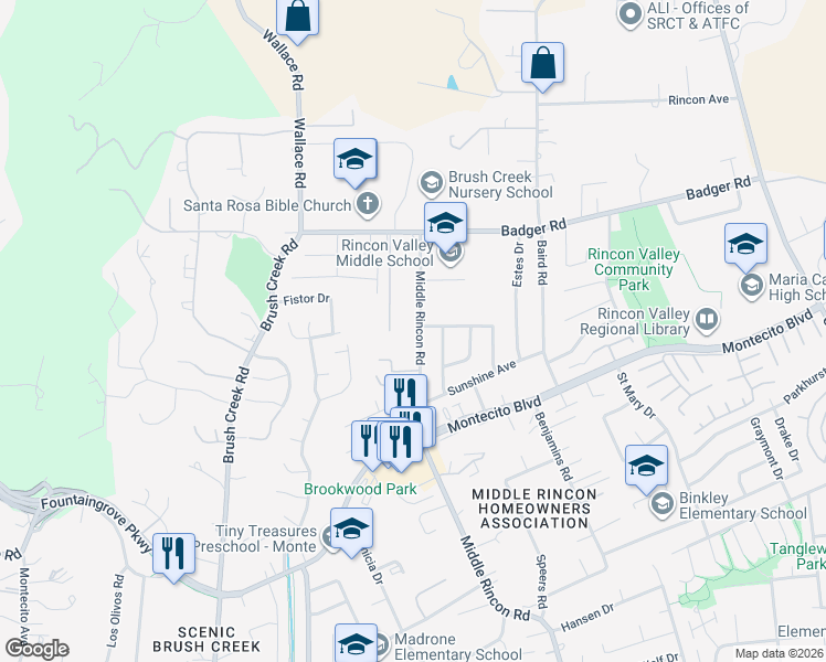map of restaurants, bars, coffee shops, grocery stores, and more near 943 Middle Rincon Road in Santa Rosa