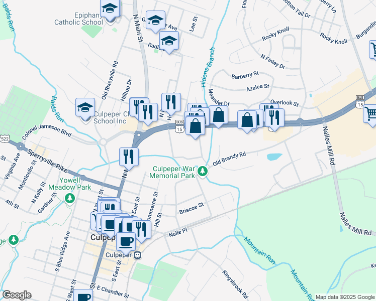 map of restaurants, bars, coffee shops, grocery stores, and more near 540 Culpeper Town Square in Culpeper