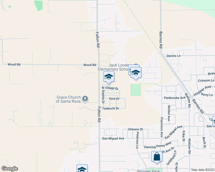 map of restaurants, bars, coffee shops, grocery stores, and more near 2556 North Village Drive in Santa Rosa