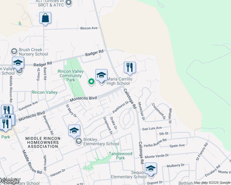 map of restaurants, bars, coffee shops, grocery stores, and more near 25 Shadybrook Court in Santa Rosa