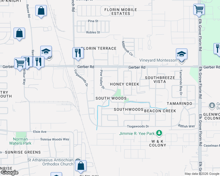 map of restaurants, bars, coffee shops, grocery stores, and more near 8620 Maple Grove Court in Sacramento