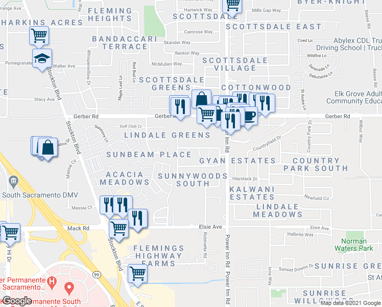map of restaurants, bars, coffee shops, grocery stores, and more near 7650 Velaga Court in Sacramento