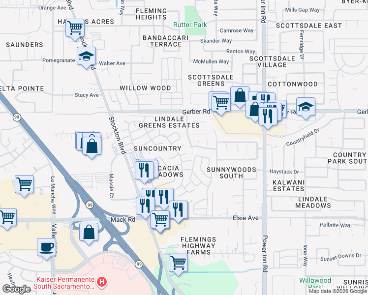 map of restaurants, bars, coffee shops, grocery stores, and more near 7413 Sunspark Lane in Sacramento