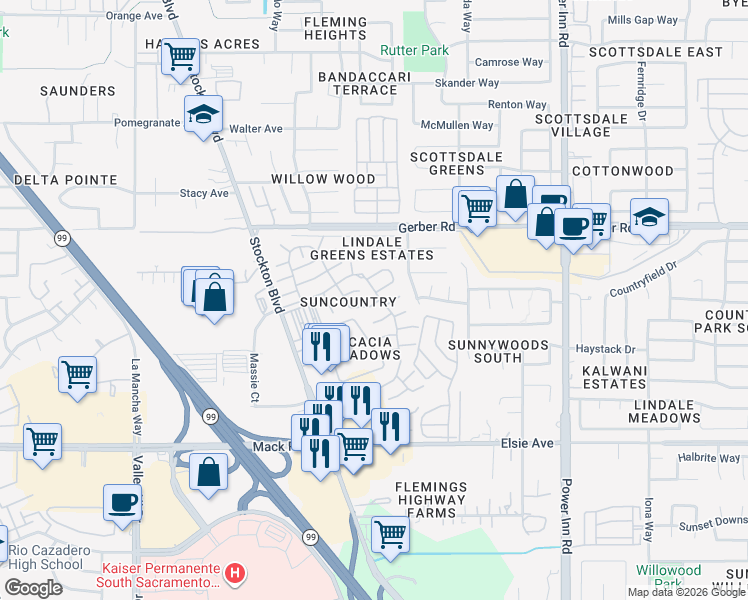 map of restaurants, bars, coffee shops, grocery stores, and more near 7318 Sunleaf Lane in Sacramento