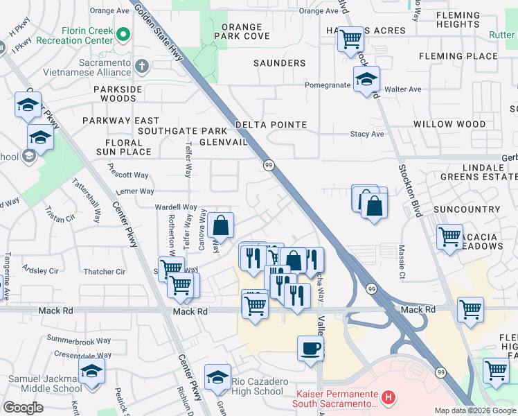 map of restaurants, bars, coffee shops, grocery stores, and more near 67 Omaha Court in Sacramento
