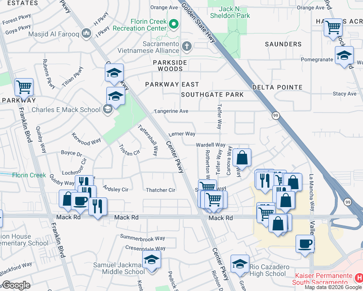 map of restaurants, bars, coffee shops, grocery stores, and more near 5461 Wardell Way in Sacramento