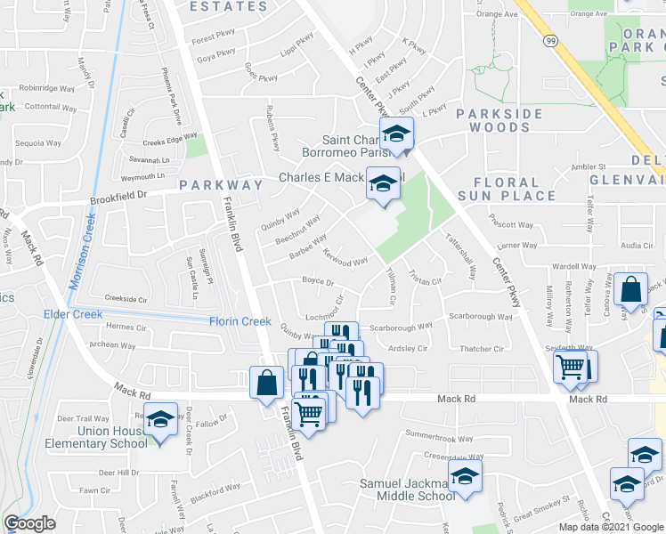 map of restaurants, bars, coffee shops, grocery stores, and more near 4701 Kerwood Way in Sacramento