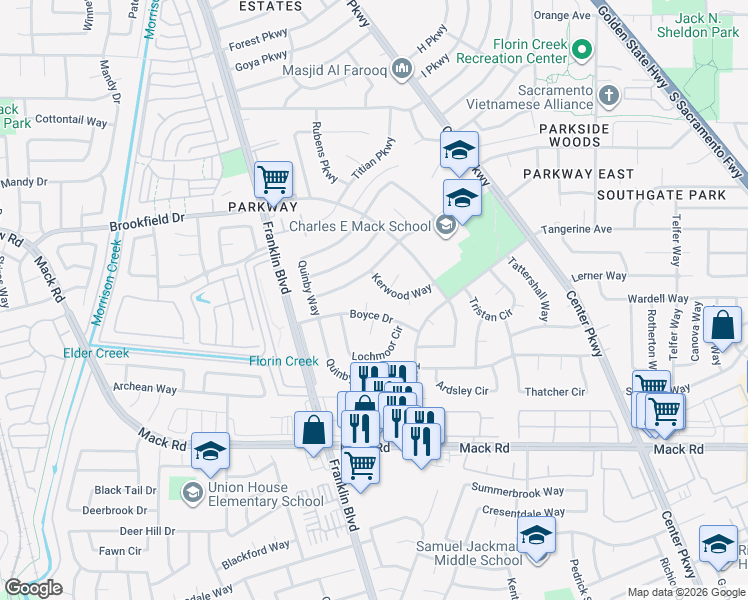 map of restaurants, bars, coffee shops, grocery stores, and more near 4616 Barbee Way in Sacramento