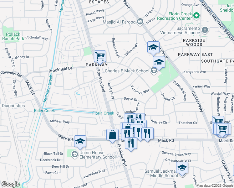 map of restaurants, bars, coffee shops, grocery stores, and more near 4571 Barbee Way in Sacramento