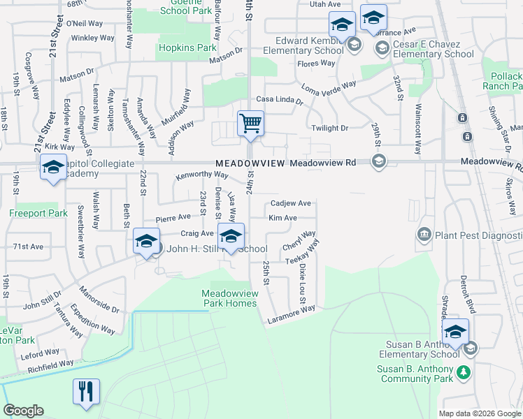 map of restaurants, bars, coffee shops, grocery stores, and more near 2520 Cadjew Avenue in Sacramento