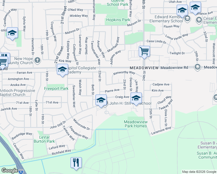 map of restaurants, bars, coffee shops, grocery stores, and more near 2227 Kenworthy Way in Sacramento