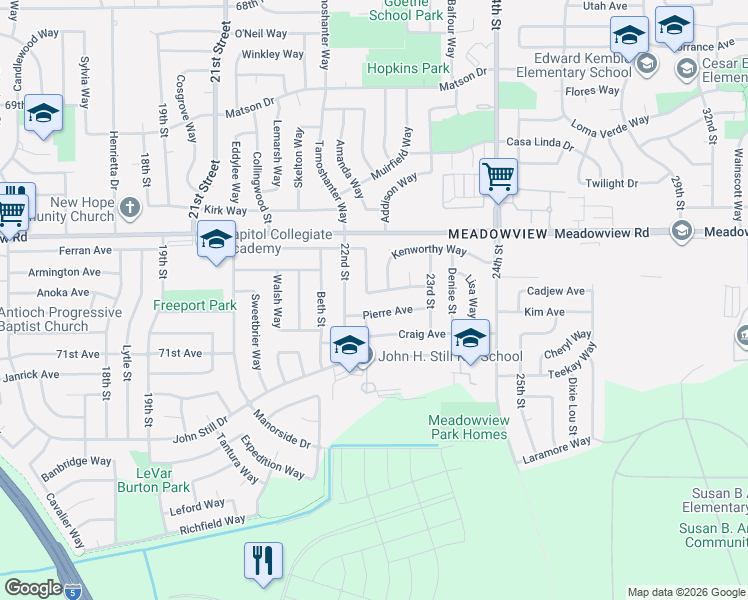 map of restaurants, bars, coffee shops, grocery stores, and more near 2227 Kenworthy Way in Sacramento