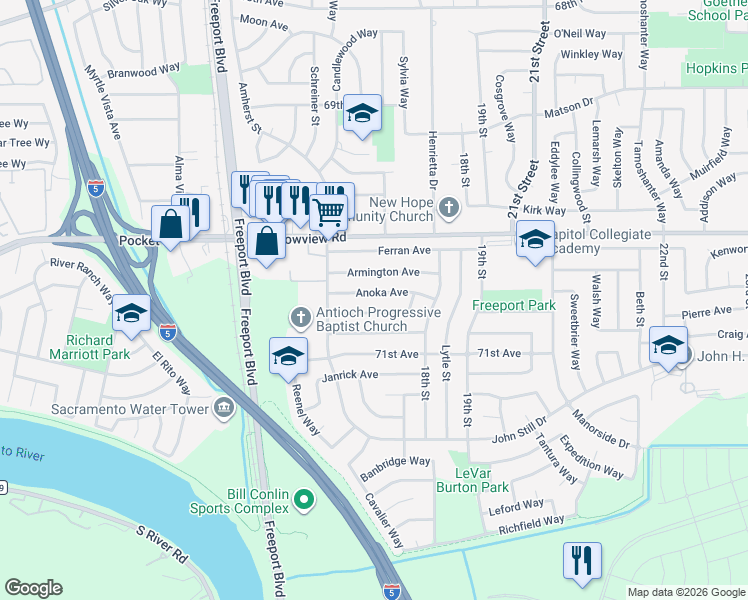 map of restaurants, bars, coffee shops, grocery stores, and more near 1573 Anoka Avenue in Sacramento