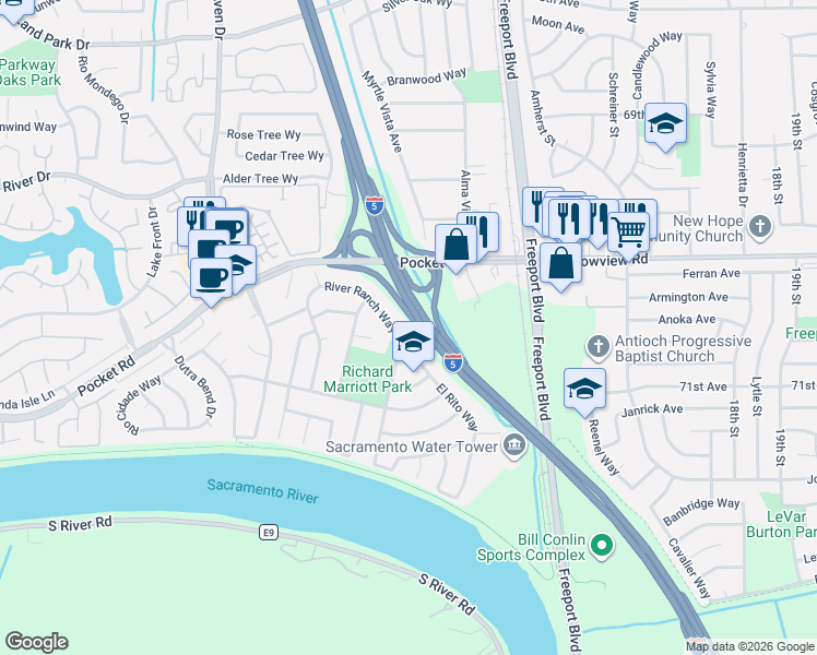 map of restaurants, bars, coffee shops, grocery stores, and more near 7566 River Ranch Way in Sacramento