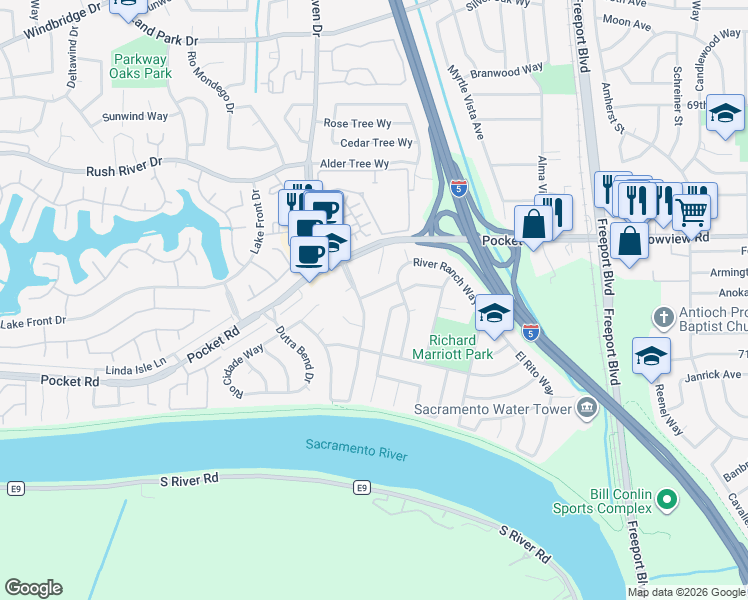 map of restaurants, bars, coffee shops, grocery stores, and more near 1183 Smoke River Way in Sacramento