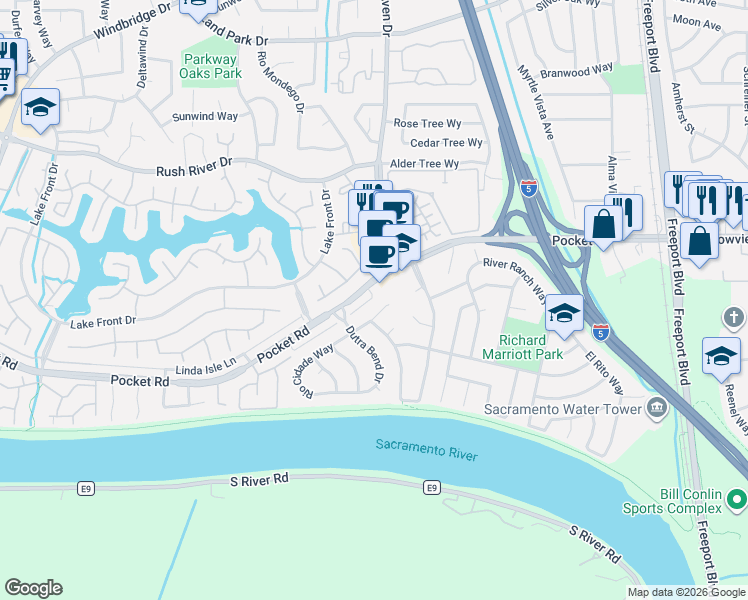 map of restaurants, bars, coffee shops, grocery stores, and more near 8098 Little Isle Lane in Sacramento