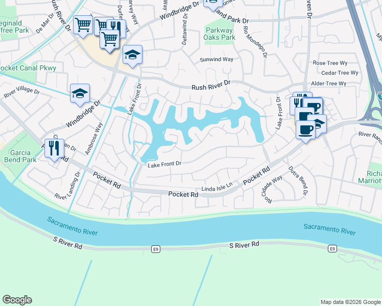 map of restaurants, bars, coffee shops, grocery stores, and more near 926 Cobble Shores Drive in Sacramento