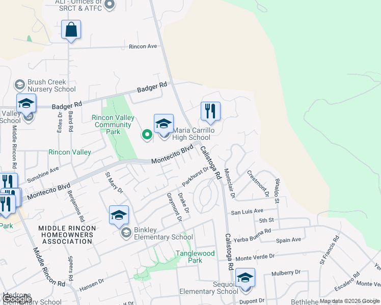 map of restaurants, bars, coffee shops, grocery stores, and more near 25 Shadybrook Court in Santa Rosa
