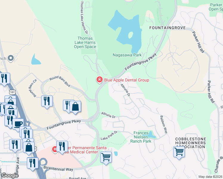 map of restaurants, bars, coffee shops, grocery stores, and more near 1920 Gardenview Circle in Santa Rosa