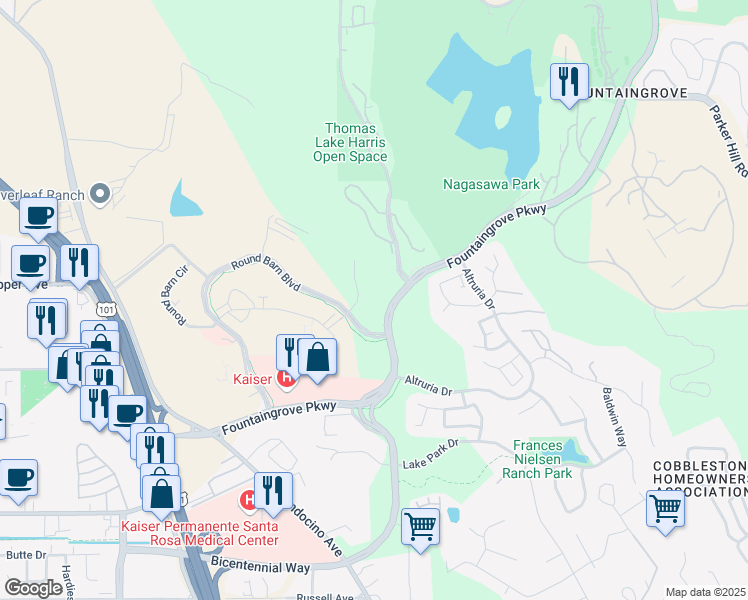 map of restaurants, bars, coffee shops, grocery stores, and more near 855 Fountaingrove Parkway in Santa Rosa