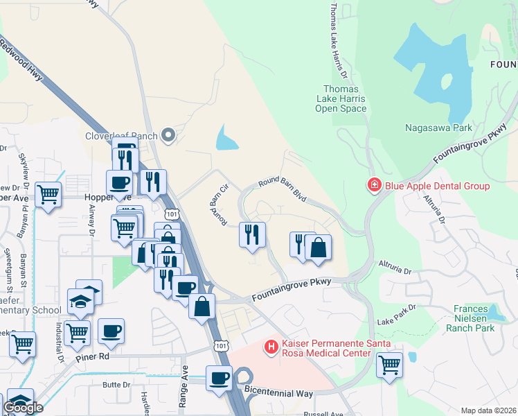map of restaurants, bars, coffee shops, grocery stores, and more near 3560-3598 Round Barn Boulevard in Santa Rosa