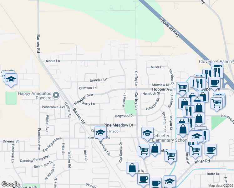 map of restaurants, bars, coffee shops, grocery stores, and more near 1618 Hopper Avenue in Santa Rosa