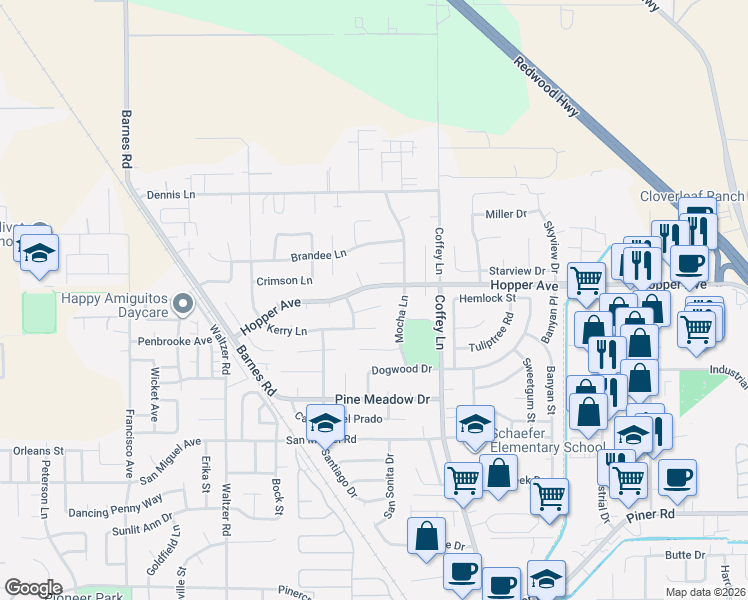 map of restaurants, bars, coffee shops, grocery stores, and more near 1618 Hopper Avenue in Santa Rosa