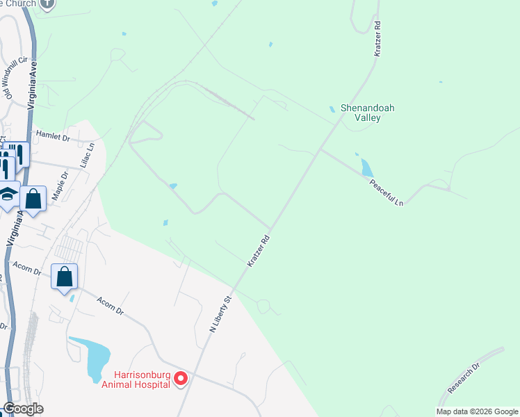 map of restaurants, bars, coffee shops, grocery stores, and more near 2347 Kratzer Road in Harrisonburg