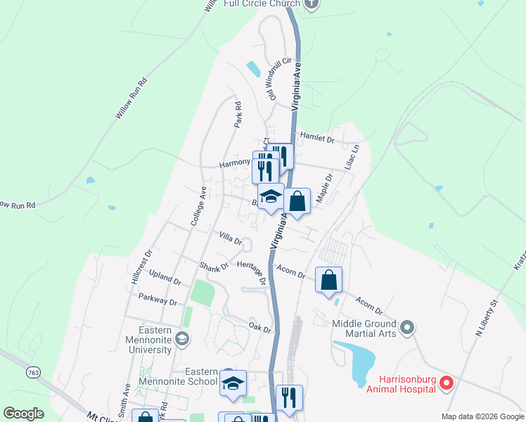 map of restaurants, bars, coffee shops, grocery stores, and more near 1667 Buttonwood Court in Harrisonburg