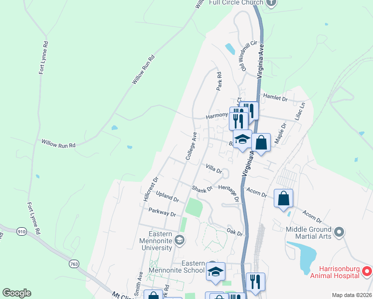 map of restaurants, bars, coffee shops, grocery stores, and more near 1606 Hillcrest Dr in Harrisonburg
