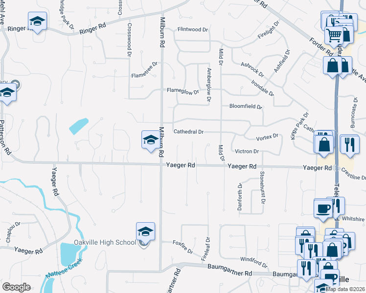 map of restaurants, bars, coffee shops, grocery stores, and more near 5358 Yaeger Circle Drive in St. Louis
