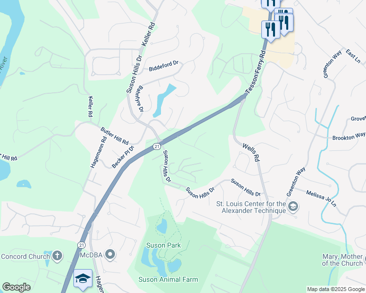 map of restaurants, bars, coffee shops, grocery stores, and more near 5196 Green Trace Lane in St. Louis
