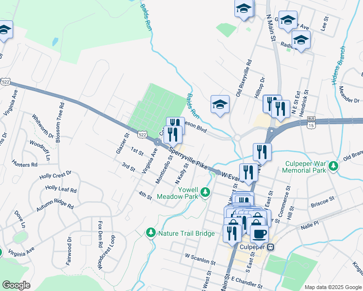 map of restaurants, bars, coffee shops, grocery stores, and more near Washington Street in Culpeper
