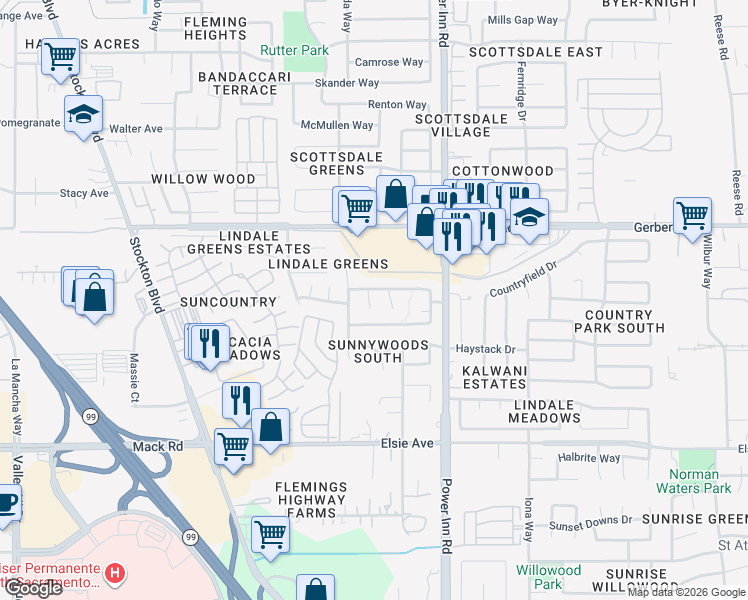map of restaurants, bars, coffee shops, grocery stores, and more near 7650 Velaga Court in Sacramento