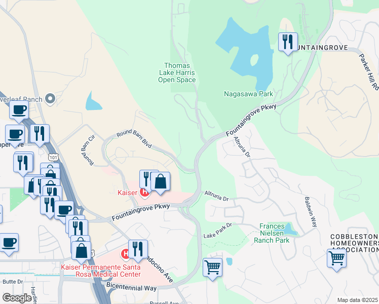 map of restaurants, bars, coffee shops, grocery stores, and more near 3510 Unocal Place in Santa Rosa