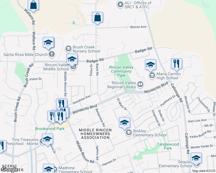 map of restaurants, bars, coffee shops, grocery stores, and more near 5023 Rick Drive in Santa Rosa