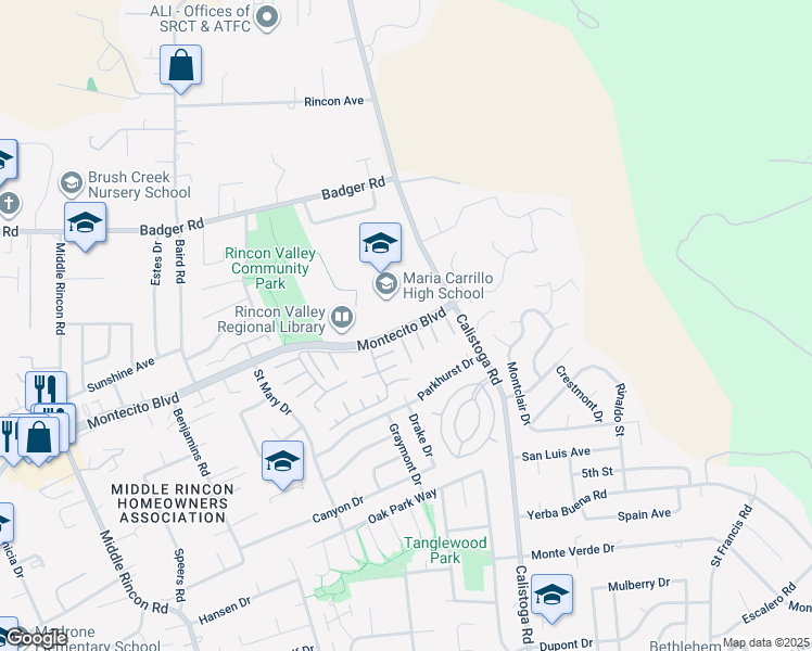 map of restaurants, bars, coffee shops, grocery stores, and more near 7053 Montecito Boulevard in Santa Rosa