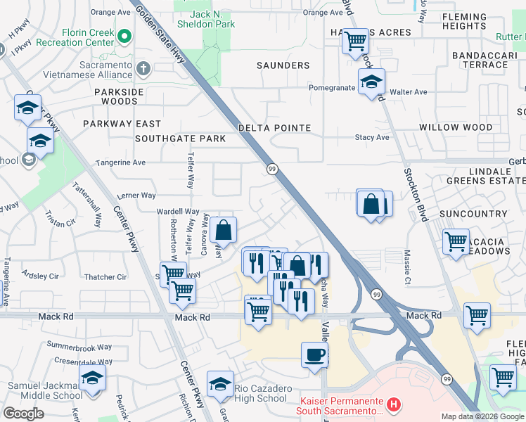 map of restaurants, bars, coffee shops, grocery stores, and more near 29 Omaha Court in Sacramento