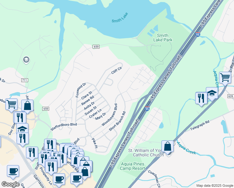 map of restaurants, bars, coffee shops, grocery stores, and more near 293 Woodstream Boulevard in Stafford