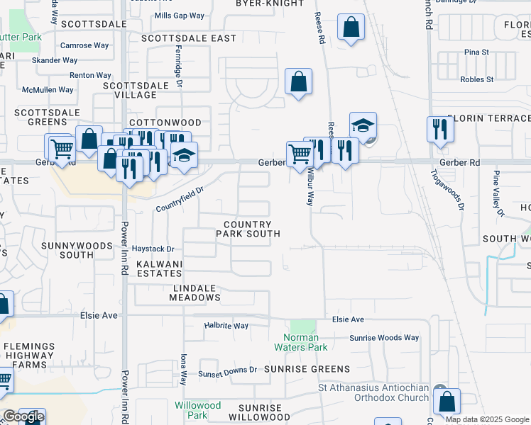map of restaurants, bars, coffee shops, grocery stores, and more near 8309 Fieldpoppy Circle in Sacramento