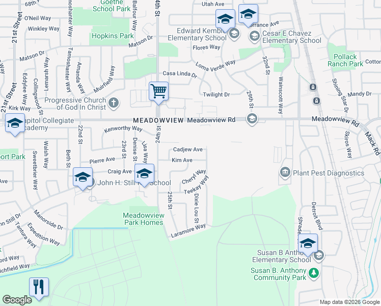 map of restaurants, bars, coffee shops, grocery stores, and more near 2610 Cadjew Avenue in Sacramento