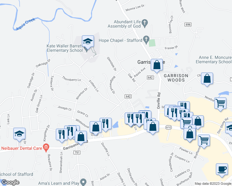 map of restaurants, bars, coffee shops, grocery stores, and more near 12 Ridgewood Drive in Stafford