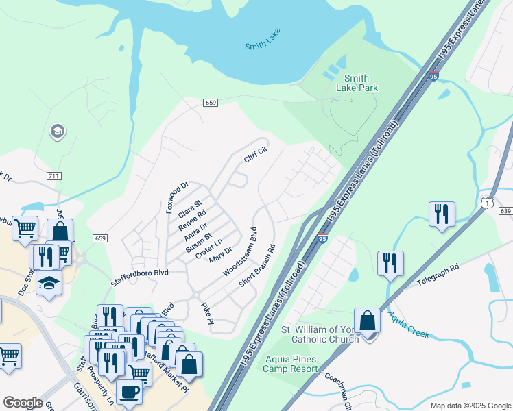 map of restaurants, bars, coffee shops, grocery stores, and more near 293 Woodstream Boulevard in Stafford