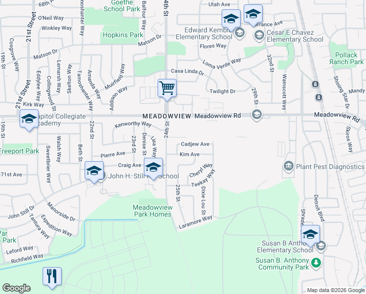 map of restaurants, bars, coffee shops, grocery stores, and more near 2520 Cadjew Avenue in Sacramento