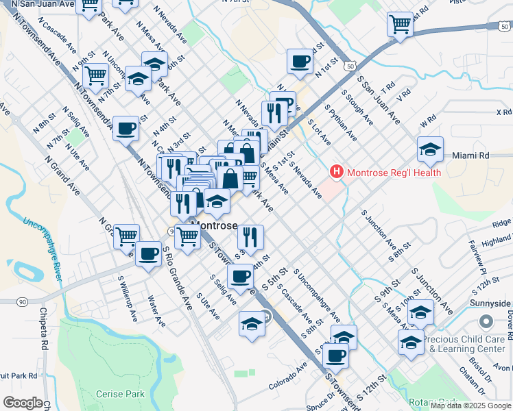map of restaurants, bars, coffee shops, grocery stores, and more near 514 South 1st Street in Montrose