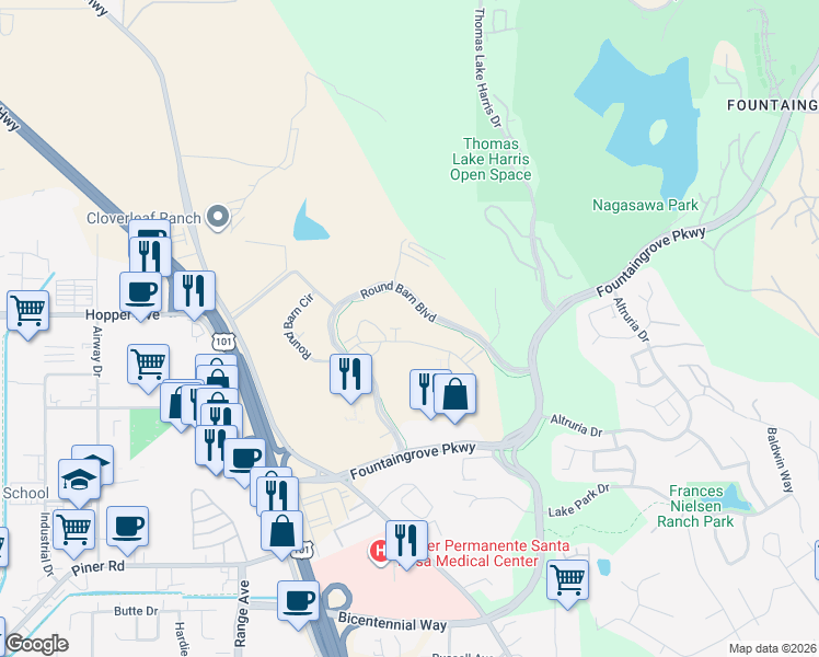 map of restaurants, bars, coffee shops, grocery stores, and more near 3593 Round Barn Boulevard in Santa Rosa