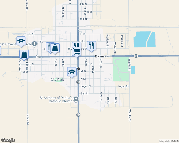 map of restaurants, bars, coffee shops, grocery stores, and more near 206 M Street in Leoti